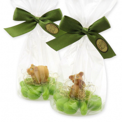 Schafmilchseife Kleeblatt 32g dekoriert mit Glücksschwein in Cello, Birne 