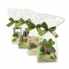 Schafmilchseife eckig 100g dekoriert mit Glücksbringer in Cello, Classic/Eisenkraut 