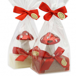 Schafmilchseife eckig 100g dekoriert mit Fliegenpilz in Cello, Classic/Granatapfel 