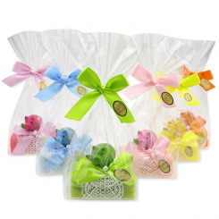 Schafmilchseife eckig 100g dekoriert mit Glücksschwein bunt in Cello, sortiert 