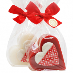 Schafmilchseife Herz groß 85g dekoriert mit Stoffherz in Cello, Classic/Granatapfel 