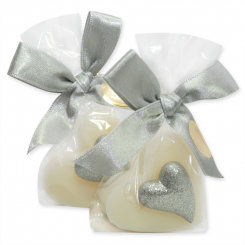 Schafmilchseife Herz 23g dekoriert mit Glitzerherz in Cello, Classic 