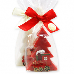Schafmilchseife Tannenbaum 75g dekoriert mit Lokomotive in Cello, Classic/Granatapfel 