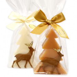 Schafmilchseife Tannenbaum 75g dekoriert mit Filzhirsch in Cello, Classic/Quitte 