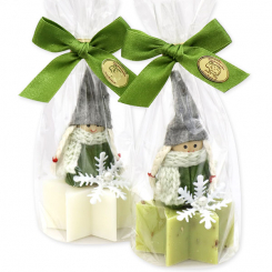 Schafmilchseife Stern 40g dekoriert mit Filzwichtel in Cello, Classic/Eisenkraut 