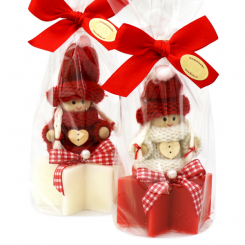 Schafmilchseife Stern 40g dekoriert mit Wollwichtel in Cello, Classic/Granatapfel 