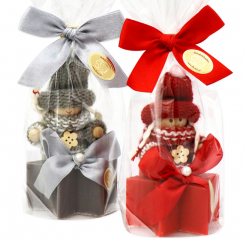 Schafmilchseife Stern 40g dekoriert mit Wollwichtel in Cello, Granatapfel/Christrose 