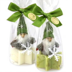 Sheep milk soap star 40g decorated with a gnome in a cellophane, Classic/verbena 