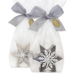 Schafmilchseife Stern 40g dekoriert mit Schneeflocke in Cello, Schneerose/Christrose 