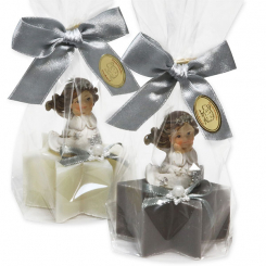 Sheep milk star soap 40g decorated with an angel in a cellophane, Classic/christmas rose silver 