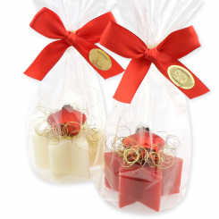 Sheep milk soap star 40g decorated with a glass star in a cellophane, Classic/pomegranate 