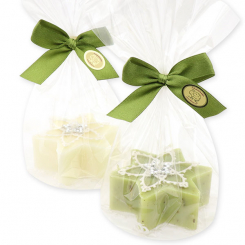 Schafmilchseife Stern 80g dekoriert mit Häkelsternen in Cello, Classic/Eisenkraut 