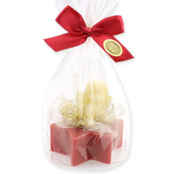 Schafmilchseife Stern 80g dekoriert mit Seifenengel 20g in Cello,  Granatapfel 