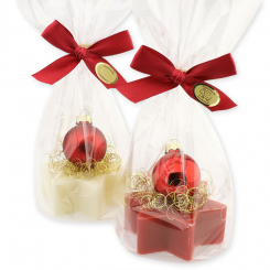 Sheep milk soap star 80g decorated with glass christmas ball in a cellophane, Classic/pomegranate 