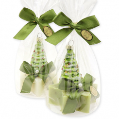 Schafmilchseife Stern 80g dekoriert mit Glasbaum in Cello, Classic/Eisenkraut 