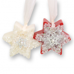 Schafmilchseife Stern 80g hängend, dekoriert mit Schneekristall, Classic/Granatapfel 