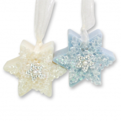 Schafmilchseife Stern 80g hängend, dekoriert mit Schneekristall, Classic/Eisblume 