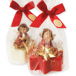 Schafmilchseife Stern 80g dekoriert mit Engel in Cello, Classic/Granatapfel 