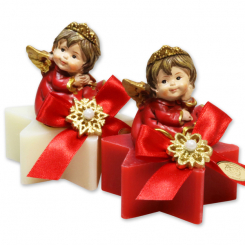 Schafmilchseife Stern 80g dekoriert mit Engel, Classic/Granatapfel 