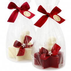 Schafmilchseife Stern 80g dekoriert mit Seifenengel 20g in Cello, Classic/Granatapfel 