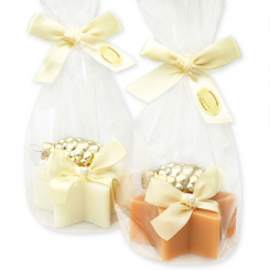 Schafmilchseife Stern 80g dekoriert mit Zapfen in Cello, Classic/Zirbe 