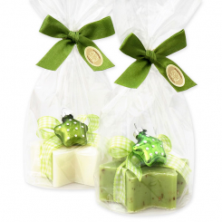 Schafmilchseife Stern 80g dekoriert mit Glasstern in Cello, Classic/Eisenkraut 