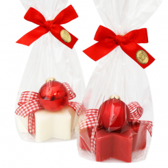 Sheep milk soap star 80g decorated with a christmas glass in a cellophane, Classic/pomegranate 