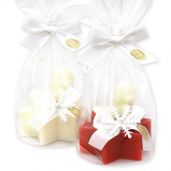 Schafmilchseife Stern 80g dekoriert mit Seifenengel 20g in Cello, Classic/Granatapfel 