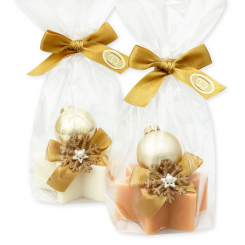 Schafmilchseife Stern 80g dekoriert mit Weihnachtskugel in Cello, Classic/Zirbe 