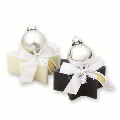 Schafmilchseife Stern 80g dekoriert mit Weihnachtskugel, Classic/Christrose 