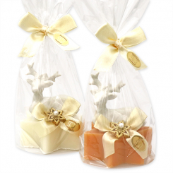 Schafmilchseife Stern 80g dekoriert mit Hirsch in Cello, Classic/Zirbe 