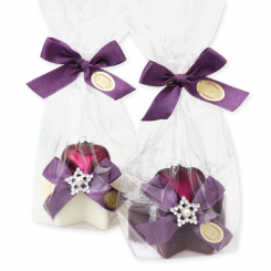 Schafmilchseife Stern 80g dekoriert mit Glasherz in Cello, Classic/Holunder 