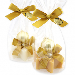 Schafmilchseife Stern 80g dekoriert mit Weihnachtskugel in Cello, Classic/Zirbe 