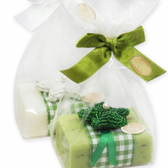 Schafmilchseife eckig 100g dekoriert mit Perlenstern in Cello, Classic/Eisenkraut 