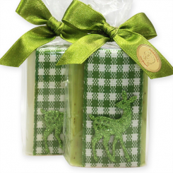 Schafmilchseife eckig 100g dekoriert mit Glitzerreh in Cello, Classic/Eisenkraut 