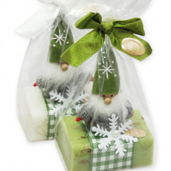 Schafmilchseife eckig 100g dekoriert mit Filzwichtel in Cello, Classic/Eisenkraut 