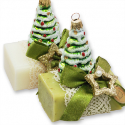 Schafmilchseife eckig 100g dekoriert mit Glasbaum, Classic/Eisenkraut 
