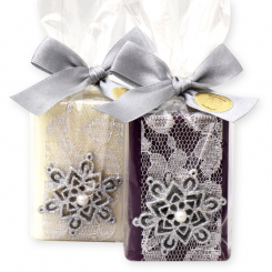 Schafmilchseife eckig 100g dekoriert mit Schneekristall in Cello, Classic/Holunder 