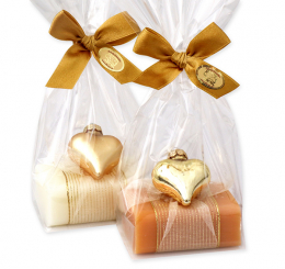 Schafmilchseife eckig 100g dekoriert mit Herz-Glashänger in Cello, Classic/Quitte 