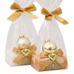 Schafmilchseife eckig 100g dekoriert mit Glaskugel in Cello, Classic/Quitte 