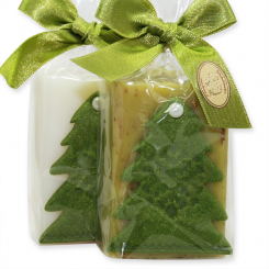 Schafmilchseife eckig 100g dekoriert mit Weihnachtsbaum in Cello, Classic/Eisenkraut 