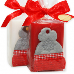 Schafmilchseife eckig 100g dekoriert mit Filzhaubet in Cello, Classic/Granatapfel 