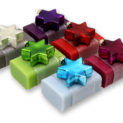 Schafmilchseife eckig 100g dekoriert mit Glasstern bunt, sortiert 