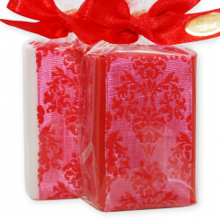 Schafmilchseife eckig 100g dekoriert mit Dekoband in Cello, Classic/Granatapfel 