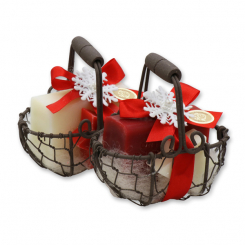 Drahtkorb gefüllt mit Schafmilchseife eckig 100g und Stern midi 20g dekoriert mit Schneeflocke, Classic/Granatapfel 