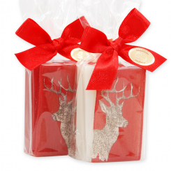 Sheep milk soap 100g decorated with a deer ribbon in a cellophane, Classic/pomegranate 