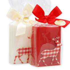 Schafmilchseife eckig 100g dekoriert mit Karohirsch in Cello, Classic/Granatapfel 