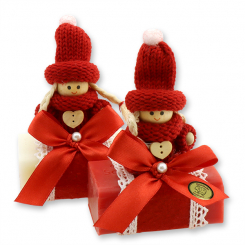 Schafmilchseife eckig 100g dekoriert mit Wollwichtel, Classic/Granatapfel 