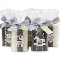 Schafmilchseife eckig 100g dekoriert mit Weihnachtsmotive in Cello, Classic/Christrose 