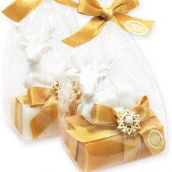 Schafmilchseife eckig 100g dekoriert mit Hirsch in Cello, Classic/Quitte 